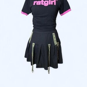 Social Collision black‎ pleated mall goth mini skirt with olive bondage straps